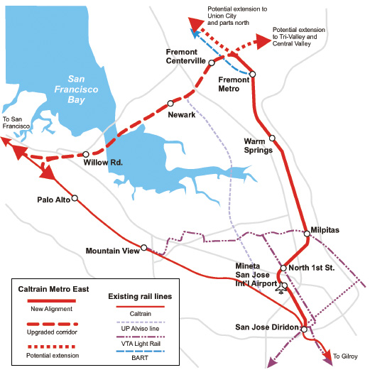Map of Caltrain Metro East