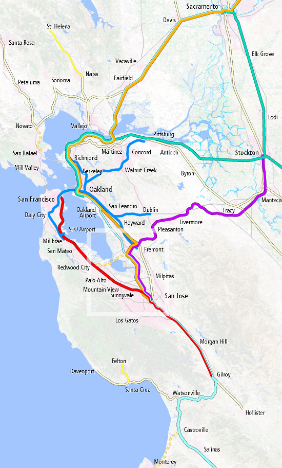 map of rail lines in greater SF Bay Area